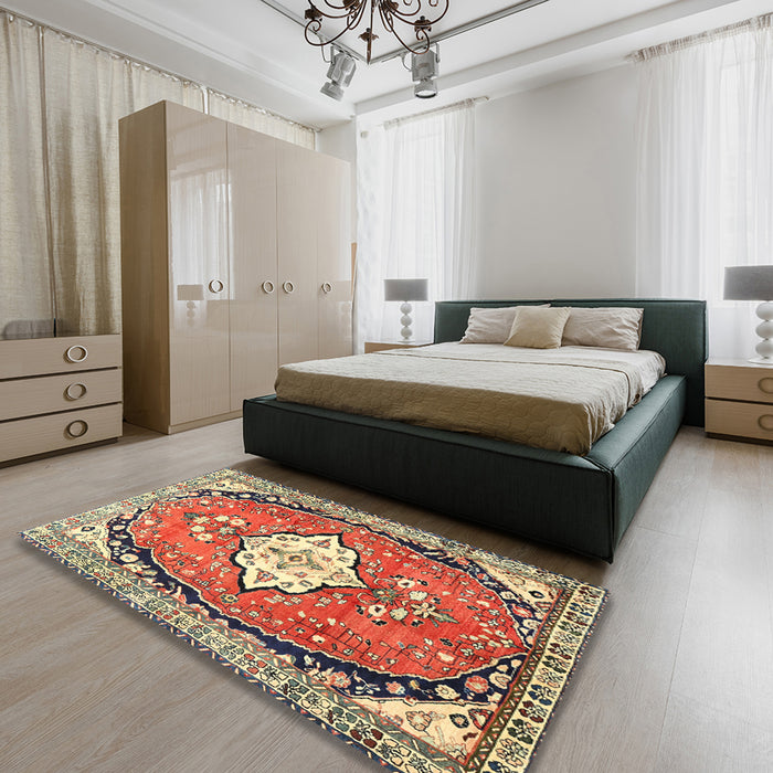 Traditional Fire Brick Red Medallion Rug in a Bedroom, tr1098
