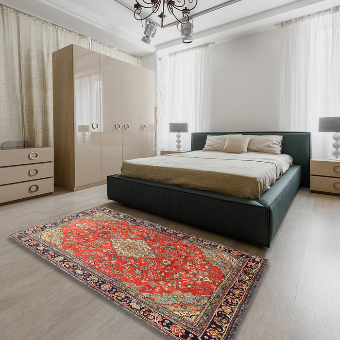 Traditional Camel Brown Persian Rug in a Bedroom, tr1099