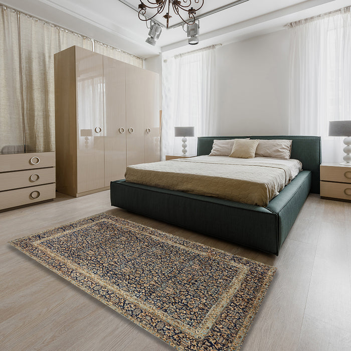 Traditional Burgundy Brown Persian Rug in a Bedroom, tr1121