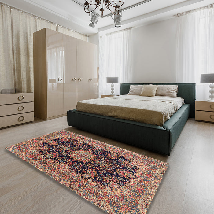 Traditional Light Copper Gold Medallion Rug in a Bedroom, tr1135