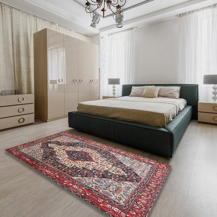 Traditional Rosy Brown Pink Medallion Rug in a Bedroom, tr1147