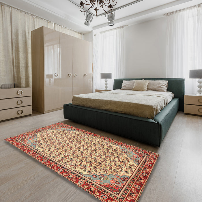 Traditional Mahogany Brown Persian Rug in a Bedroom, tr114