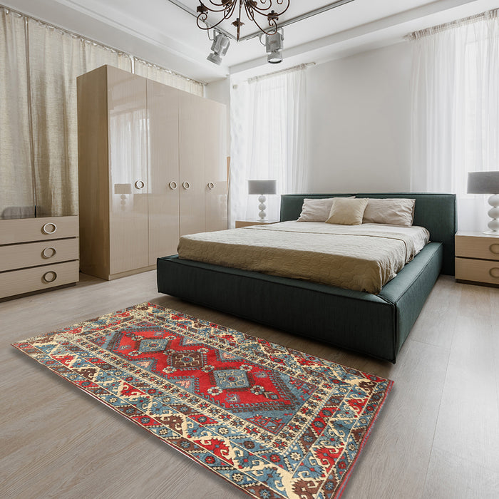 Machine Washable Traditional Brown Red Rug in a Bedroom, wshtr1162