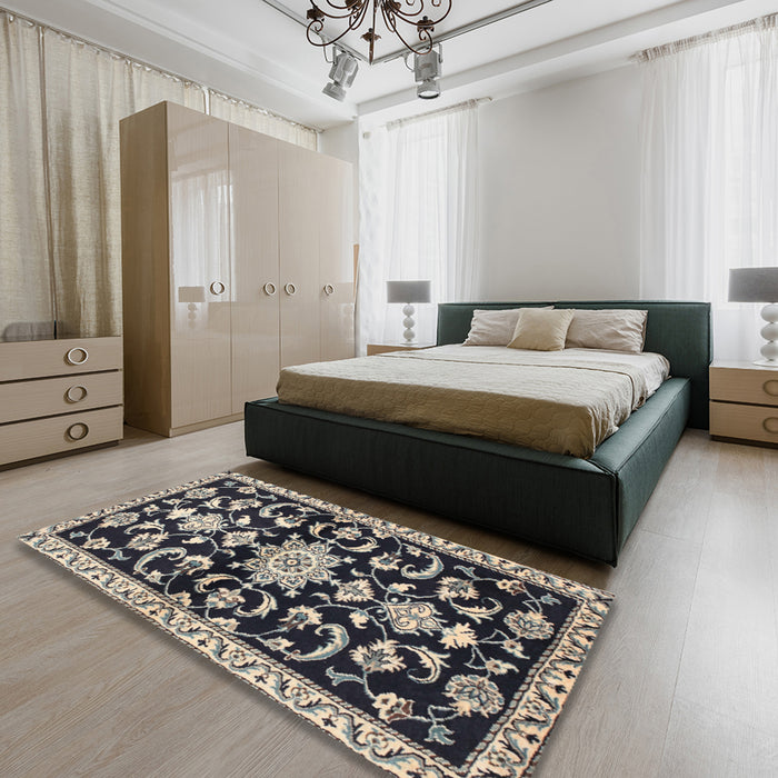 Traditional Gunmetal Green Persian Rug in a Bedroom, tr1181