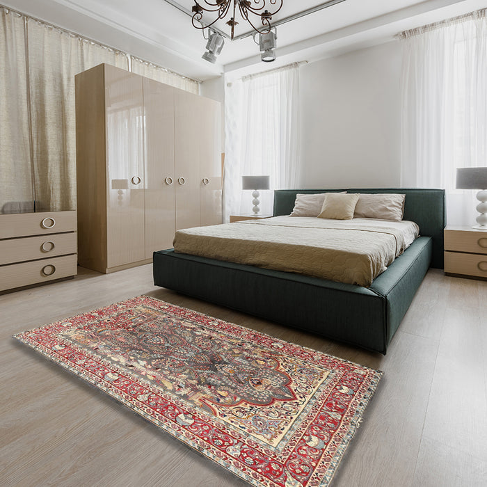 Traditional Light French Beige Brown Persian Rug in a Bedroom, tr1195