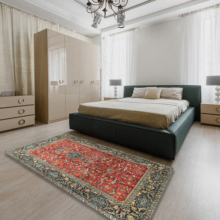Machine Washable Traditional Saffron Red Rug in a Bedroom, wshtr1210