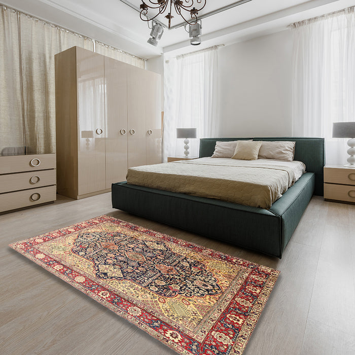 Machine Washable Traditional Brown Red Rug in a Bedroom, wshtr1213