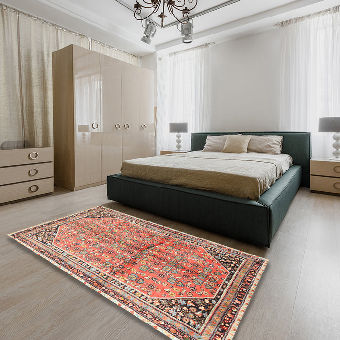 Traditional Fire Brick Red Persian Rug in a Bedroom, tr1230