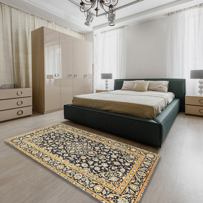 Machine Washable Traditional Brown Gold Rug in a Bedroom, wshtr1239
