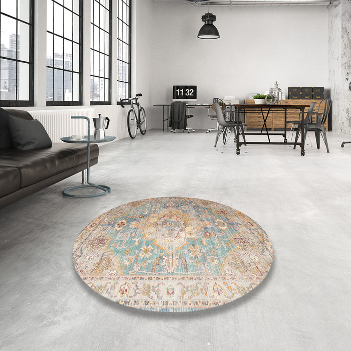 Round Traditional Camel Brown Medallion Rug in a Office, tr1249