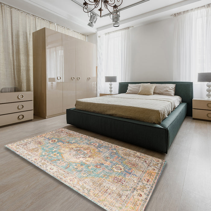 Traditional Camel Brown Medallion Rug in a Bedroom, tr1249
