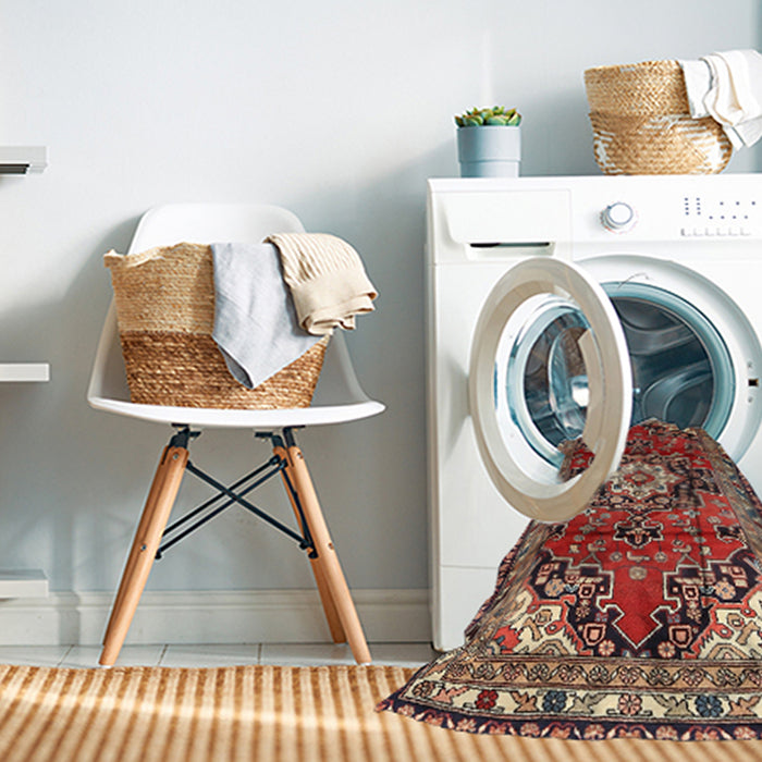 Machine Washable Traditional Saffron Red Rug in a Washing Machine, wshtr1268