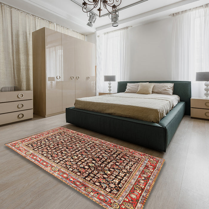 Machine Washable Traditional Saffron Red Rug in a Bedroom, wshtr1286