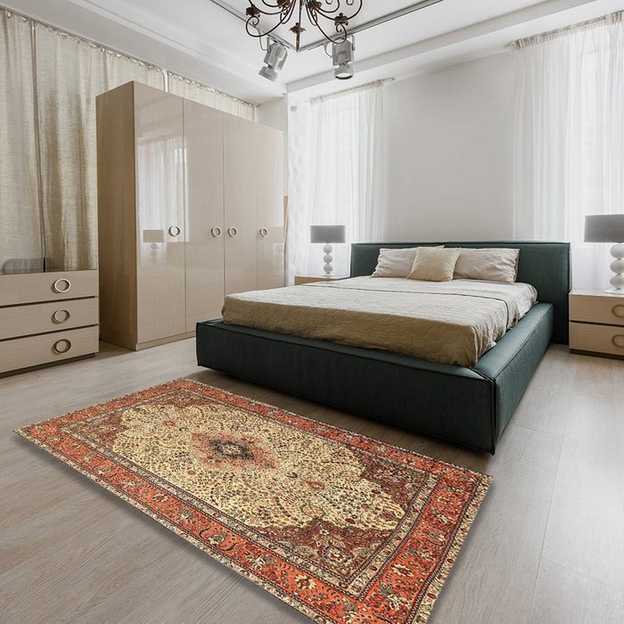 Traditional Dark Sienna Brown Persian Rug in a Bedroom, tr1287