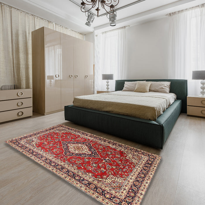 Machine Washable Traditional Tomato Red Rug in a Bedroom, wshtr1289
