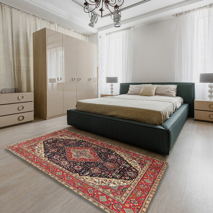 Traditional Saffron Red Medallion Rug in a Bedroom, tr1291