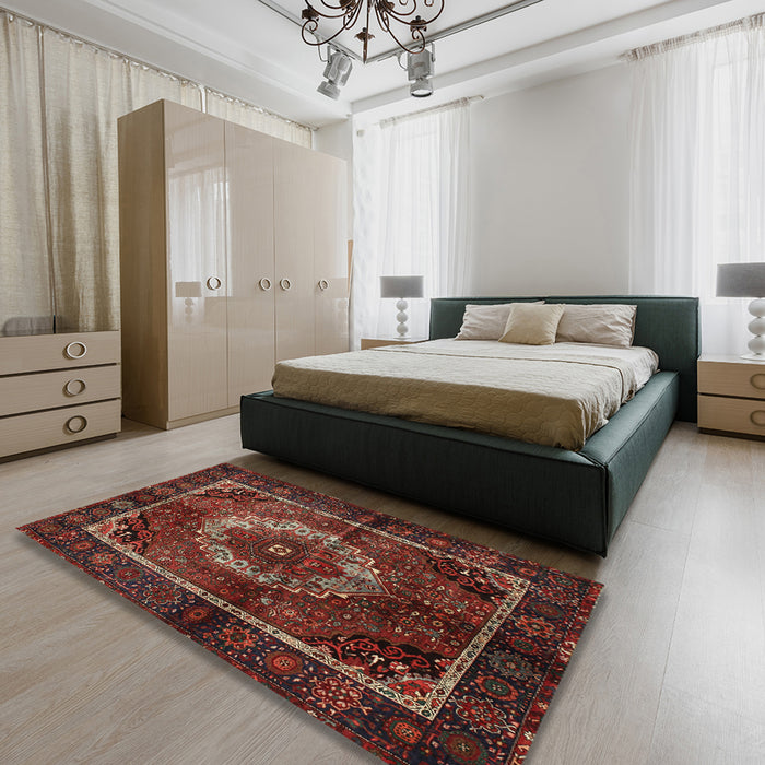 Traditional Sienna Brown Medallion Rug in a Bedroom, tr129