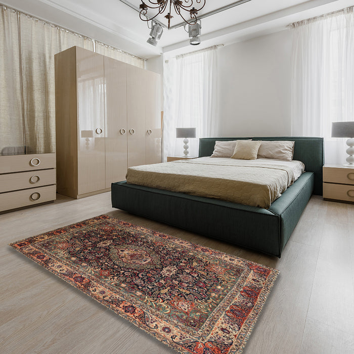 Machine Washable Traditional Dark Almond Brown Rug in a Bedroom, wshtr131