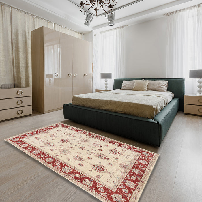 Traditional Deep Peach Orange Persian Rug in a Bedroom, tr1327