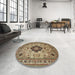 Round Machine Washable Traditional Brown Green Rug in a Office, wshtr132