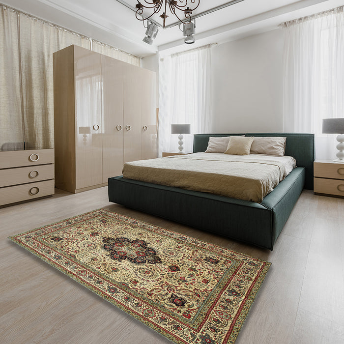 Traditional Brownish Green Medallion Rug in a Bedroom, tr132