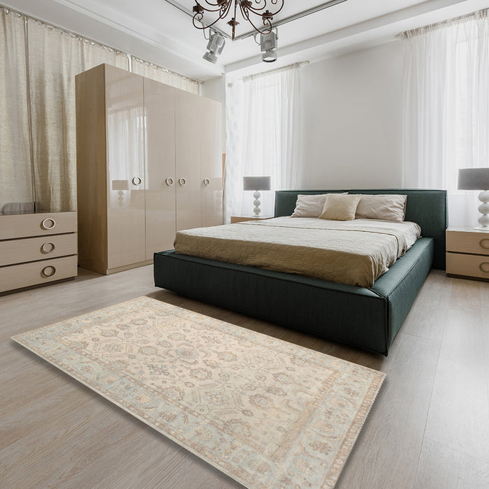 Traditional Tan Brown Oriental Rug in a Bedroom, tr1335