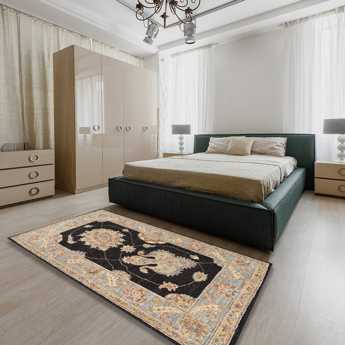 Traditional Coffee Brown Oriental Rug in a Bedroom, tr1346