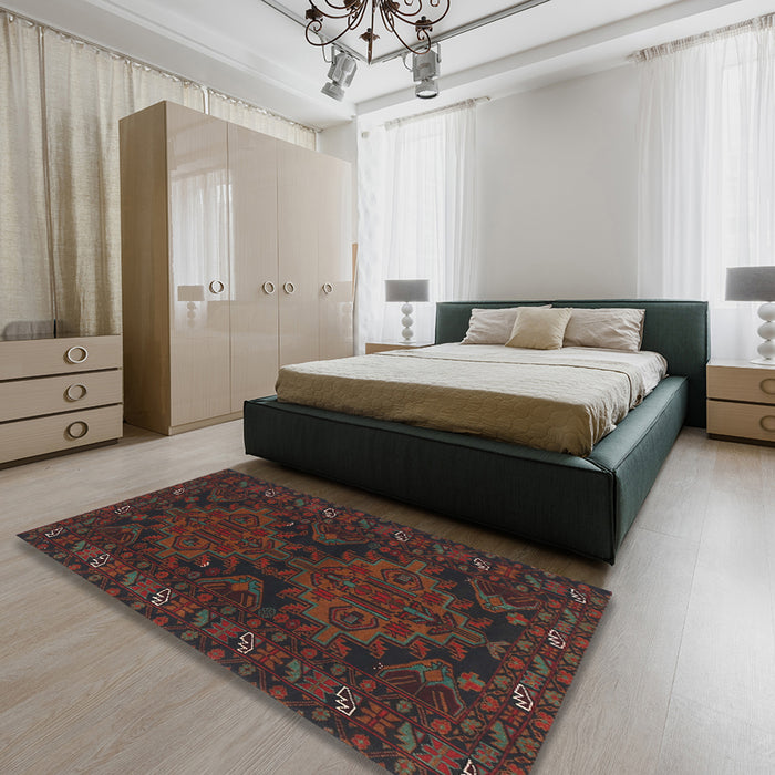 Traditional Dark Brown Persian Rug in a Bedroom, tr1359