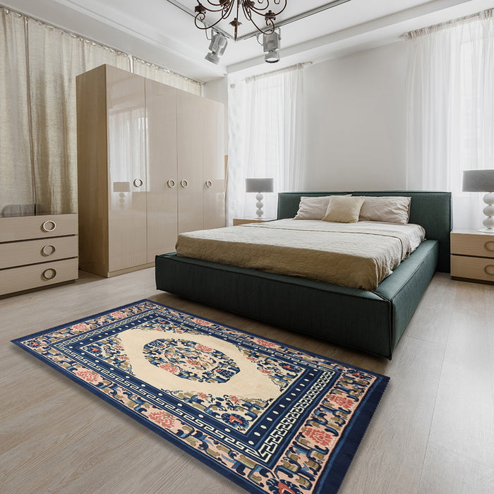 Traditional Tan Brown Oriental Rug in a Bedroom, tr1369