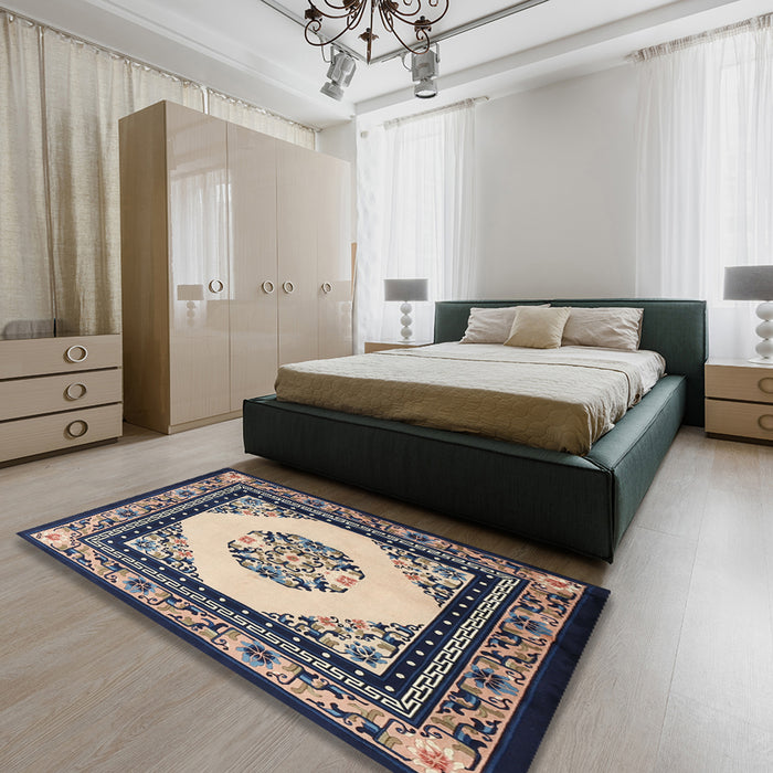 Traditional Dark Slate Blue Oriental Rug in a Bedroom, tr1372