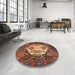 Round Machine Washable Traditional Orange Brown Rug in a Office, wshtr1398