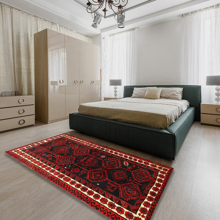 Traditional Dark Brown Persian Rug in a Bedroom, tr1410