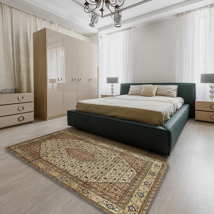 Traditional Metallic Gold Medallion Rug in a Bedroom, tr141