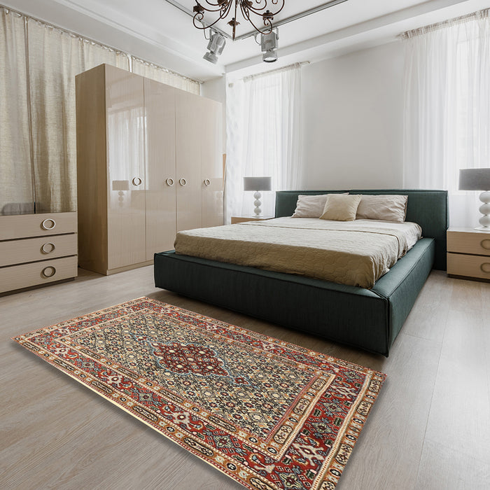 Traditional Light French Beige Brown Persian Rug in a Bedroom, tr1428