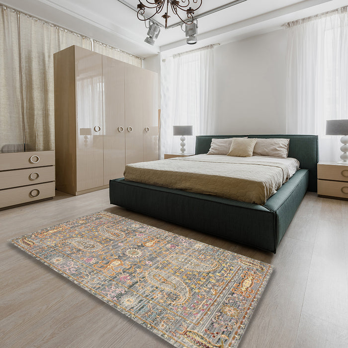 Machine Washable Traditional Dark Almond Brown Rug in a Bedroom, wshtr142