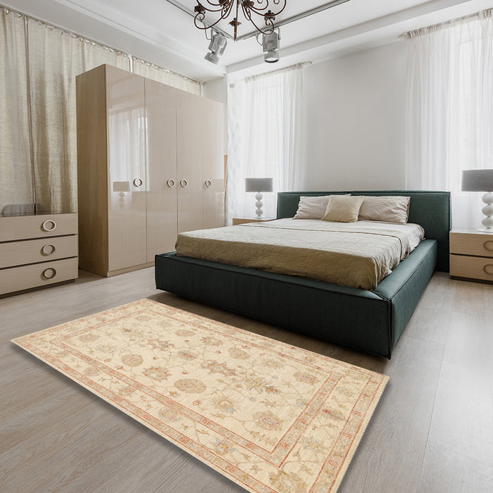 Traditional Khaki Gold Oriental Rug in a Bedroom, tr1445