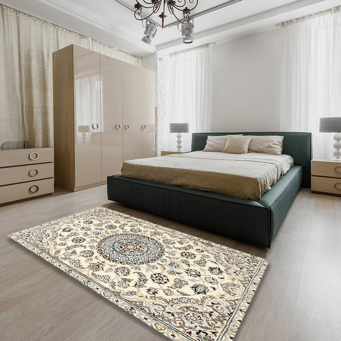 Traditional Khaki Green Medallion Rug in a Bedroom, tr1456