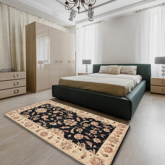 Traditional Dark Brown Persian Rug in a Bedroom, tr1458