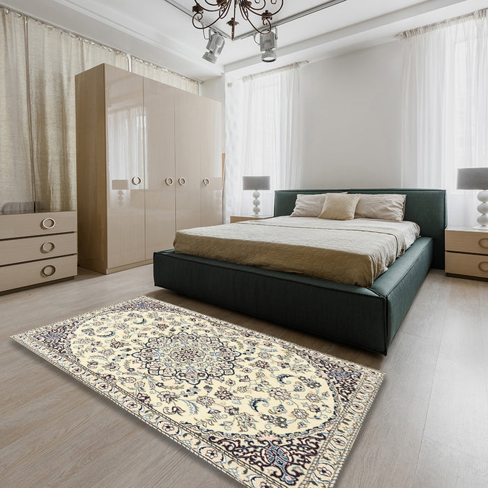 Traditional Khaki Green Persian Rug in a Bedroom, tr1459