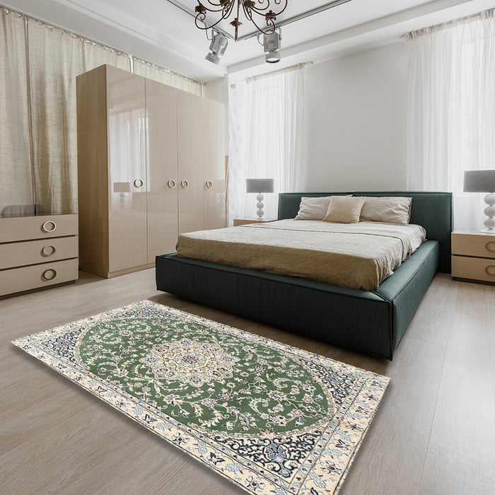 Traditional Tan Brown Gold Medallion Rug in a Bedroom, tr1463
