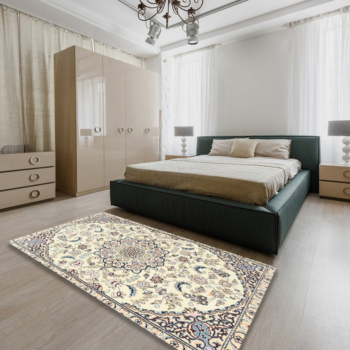 Traditional Peach Beige Medallion Rug in a Bedroom, tr1472