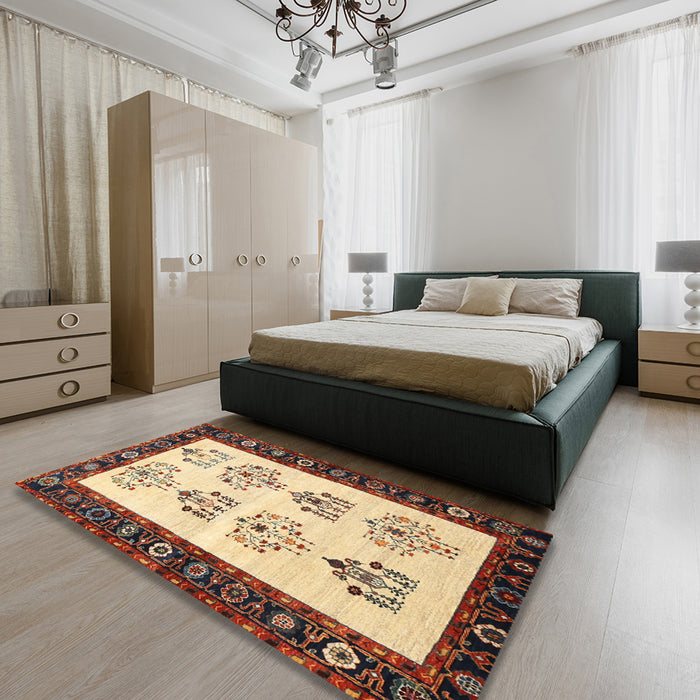 Machine Washable Traditional Brown Gold Rug in a Bedroom, wshtr1474