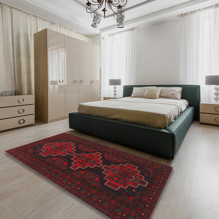 Machine Washable Traditional Burgundy Brown Rug in a Bedroom, wshtr1493