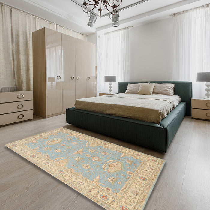 Traditional Tan Brown Oriental Rug in a Bedroom, tr1494