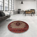 Round Traditional Dark Gold Brown Medallion Rug in a Office, tr1504