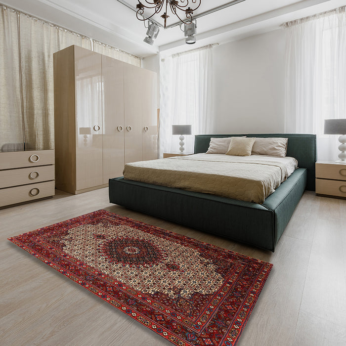 Traditional Dark Gold Brown Medallion Rug in a Bedroom, tr1504