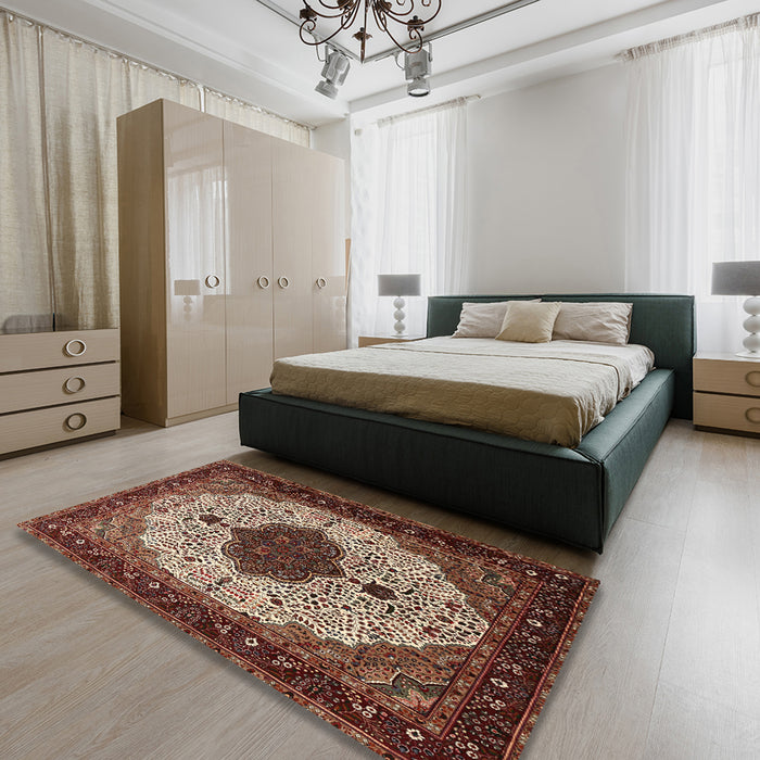 Traditional Light Copper Gold Medallion Rug in a Bedroom, tr1505