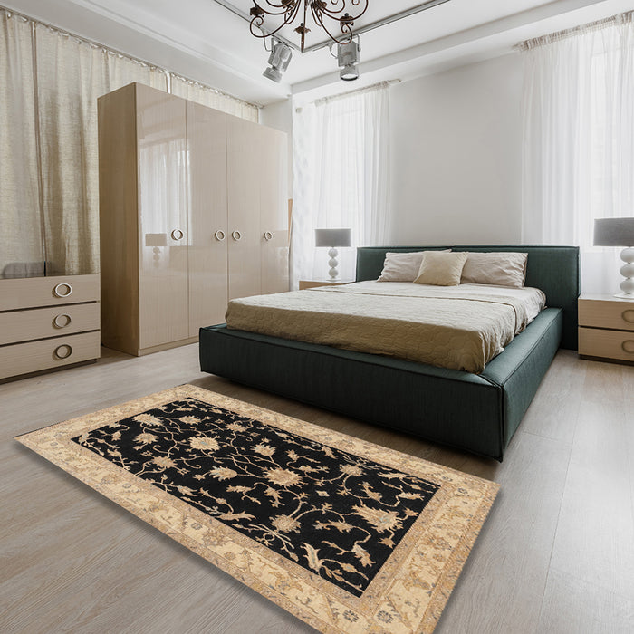 Traditional Burgundy Brown Persian Rug in a Bedroom, tr1509