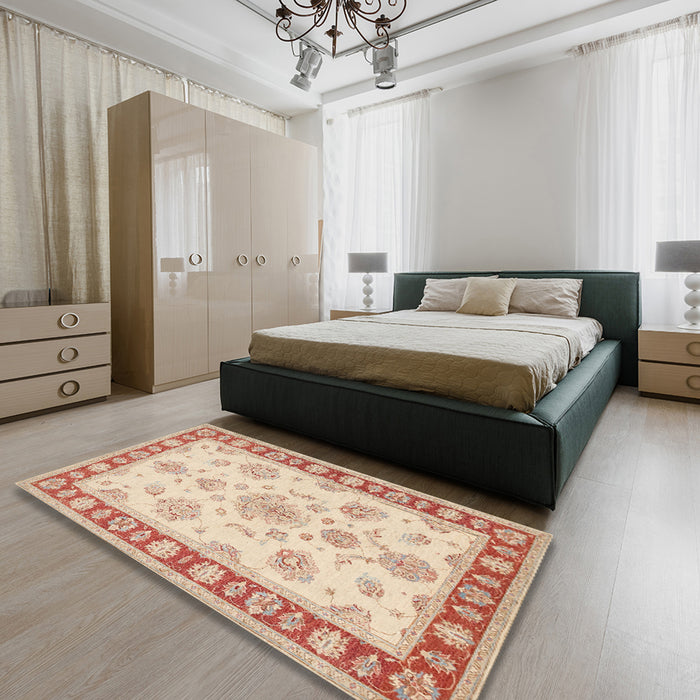 Traditional Deep Peach Orange Oriental Rug in a Bedroom, tr1518