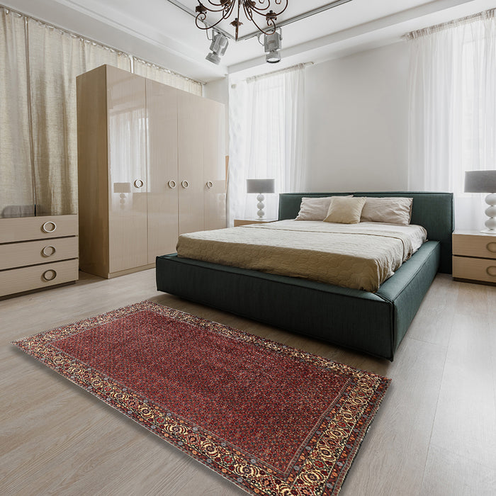 Traditional Dark Gold Brown Persian Rug in a Bedroom, tr1524